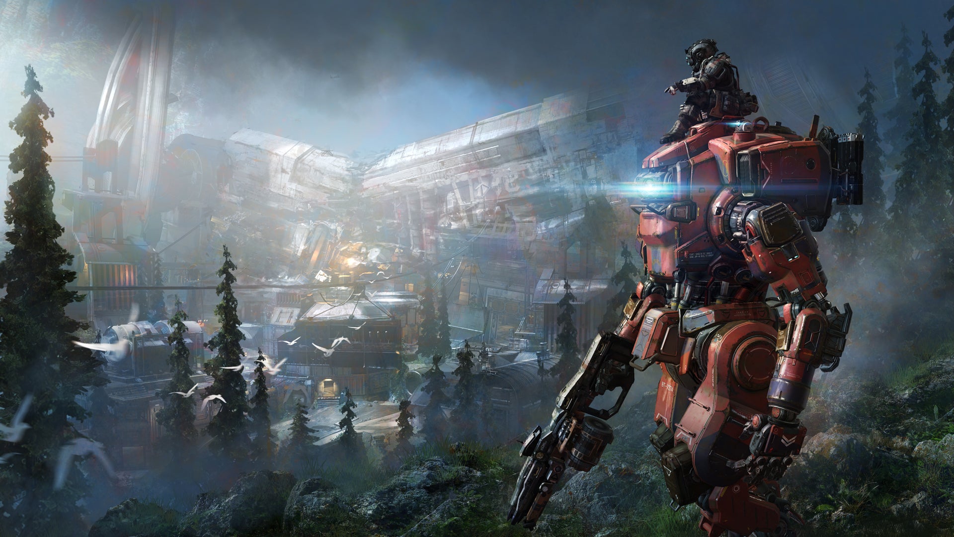 A promo shot for Titanfall 2 showing a Pilot sat atop their Monarch-class titan. - 1