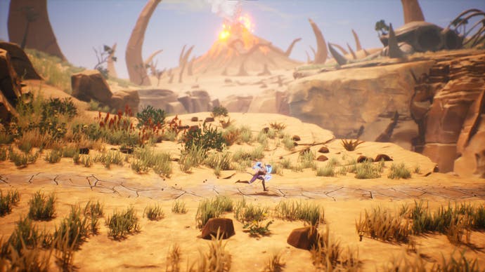 Screenshot of Tales of Kenzera showing player character running sideways through desert with volcano in background