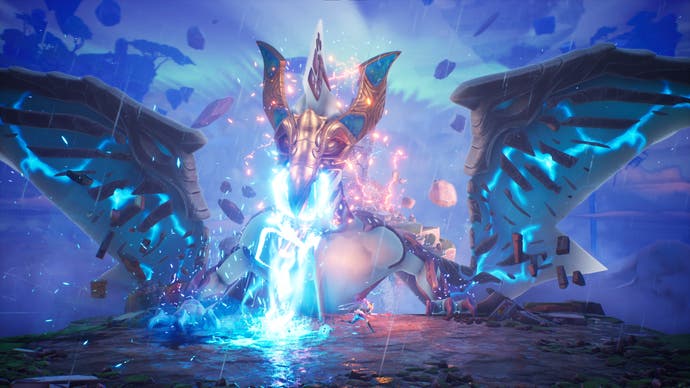 Zrzut ekranu z Tales of Kenzera przedstawiający skrzydlatego smoka strzelającego niebieską energią w gracza