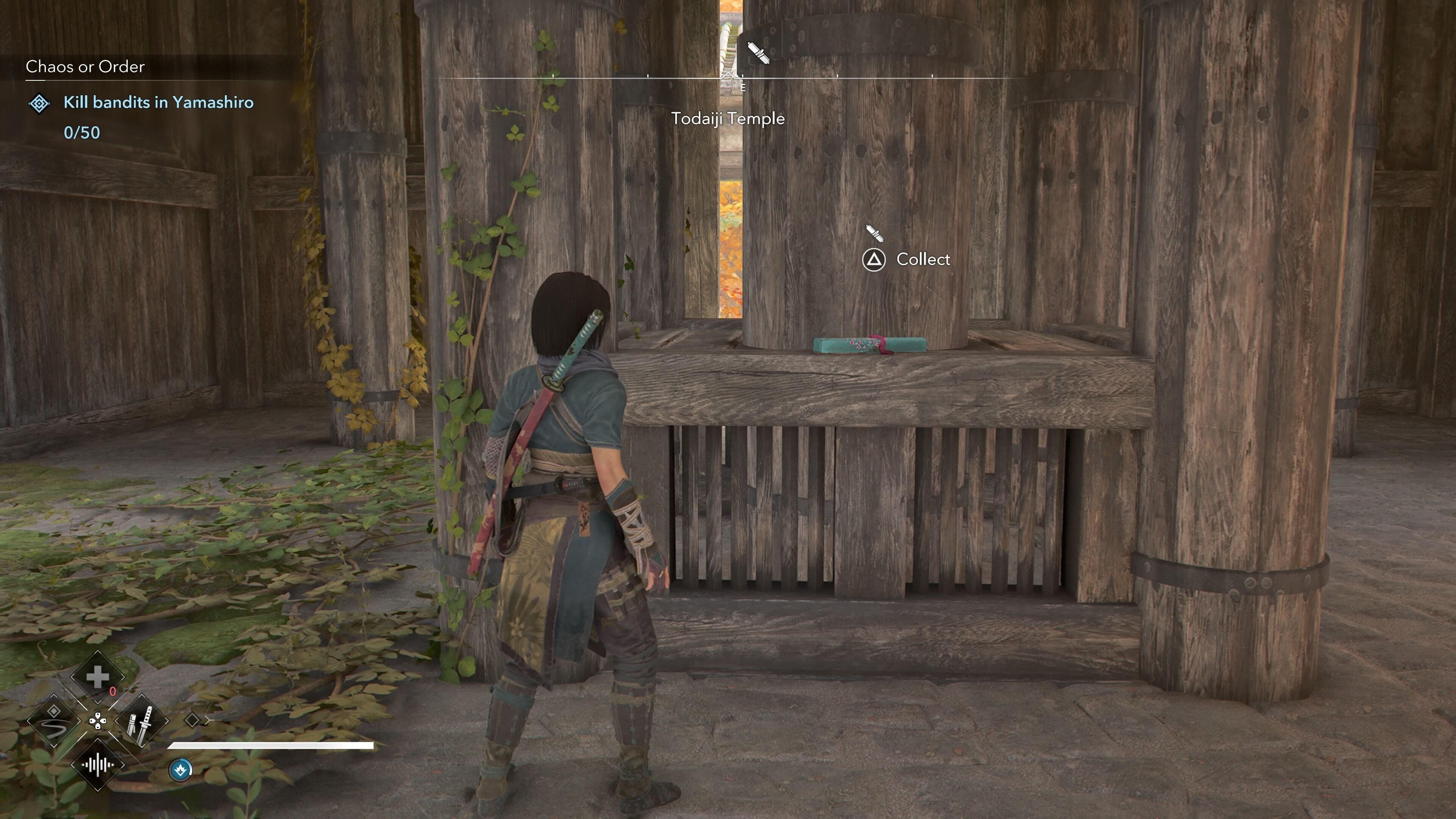 Naoe looking at a Lost Page at Todaiki Temple in Assassin&rsquo;s Creed Shadows.