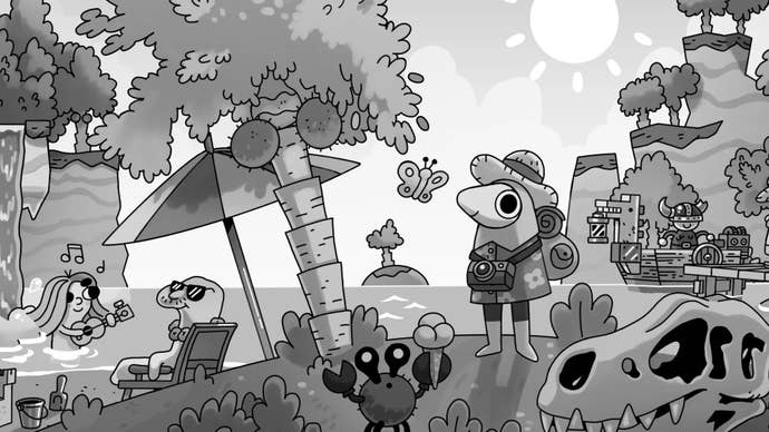 Black and white cartoon promo art showing Toem’s straw-hatted protagonist standing on a busy beach, their camera hung around their neck. A viking sails a ship in the background and a mermaid serenades a man in a deckchair under a coconut tree nearby.