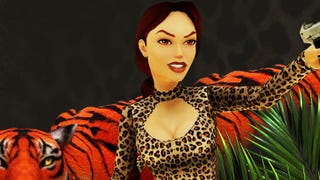 A cropped in picture showing Lara Croft in a new Tomb Raider 1 - 3 Remastered leopard print outfit. A tiger is in the background