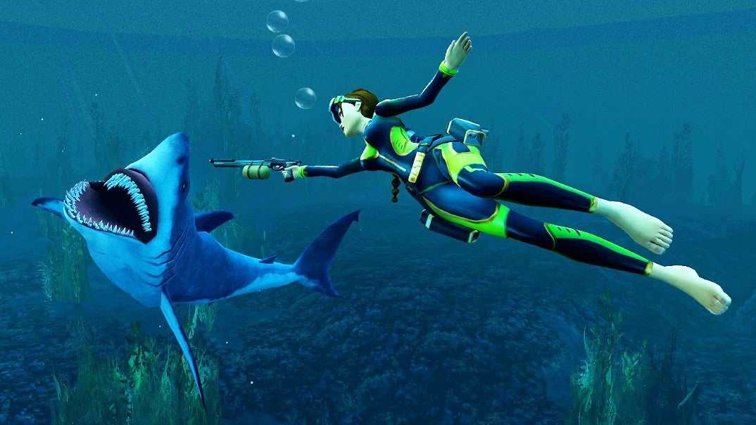 Tomb Raider 1-3 Remastered image showing Lara in a wetsuit going up against a shark
