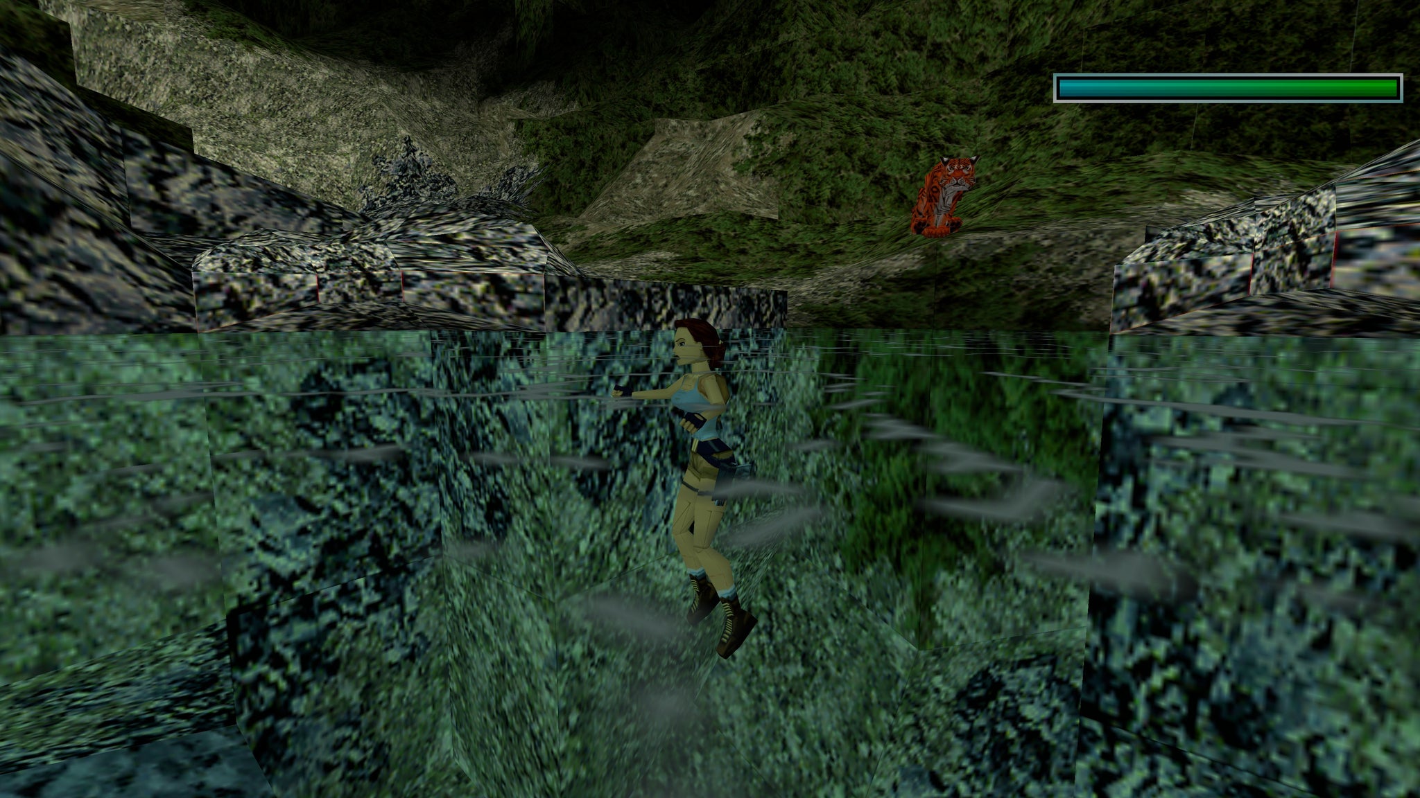 Lara swims in a lake while a tiger prowls the perimeter in a forest in Tomb Raider 2 - 3