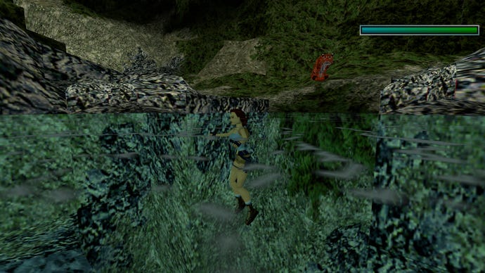 Lara swims in a lake while a tiger prowls the perimeter in a forest in Tomb Raider 2