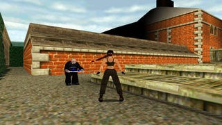 Tomb Raider 2 - Outside Croft Manor on a cloudy day with Lara and her butler. Lara wears gym clothes.