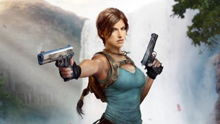 Official artwork of Tomb Raider's Lara Croft with her 'Unified' design. She is holding two pistols and is wearing a green tank top and her jade necklace