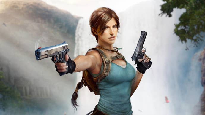 Official artwork of Tomb Raider’s Lara Croft with her ‘Unified’ design. She is holding two pistols and is wearing a green tank top and her jade necklace