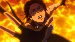 Tomb Raider Legend of Lara Croft Netflix animation screenshot showing Lara leaping across a lava filled area