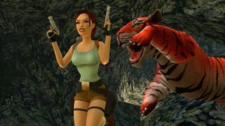 Screenshot from Tomb Raider's remastered games showing Lara running from a tiger that is about to strike her while she holds her guns aloft
