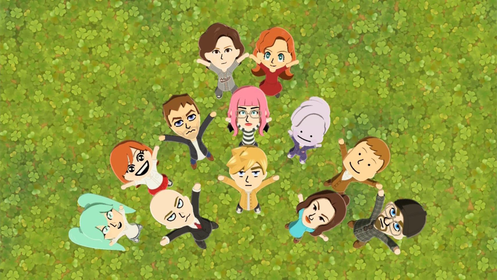 Multiple Miis can be seen standing on a patch of grass together in Tomodachi Life: Living the Dream.