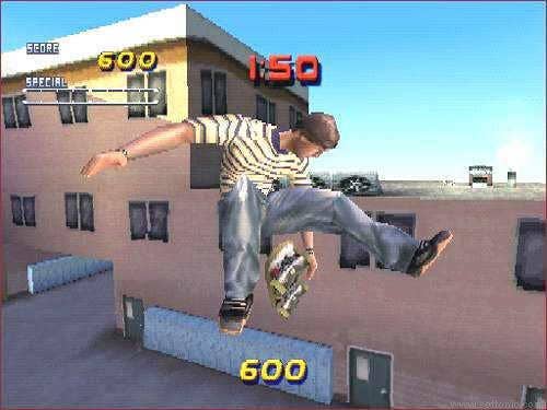 The player performs a skateboard trick in Tony Hawk's Pro Skater 2