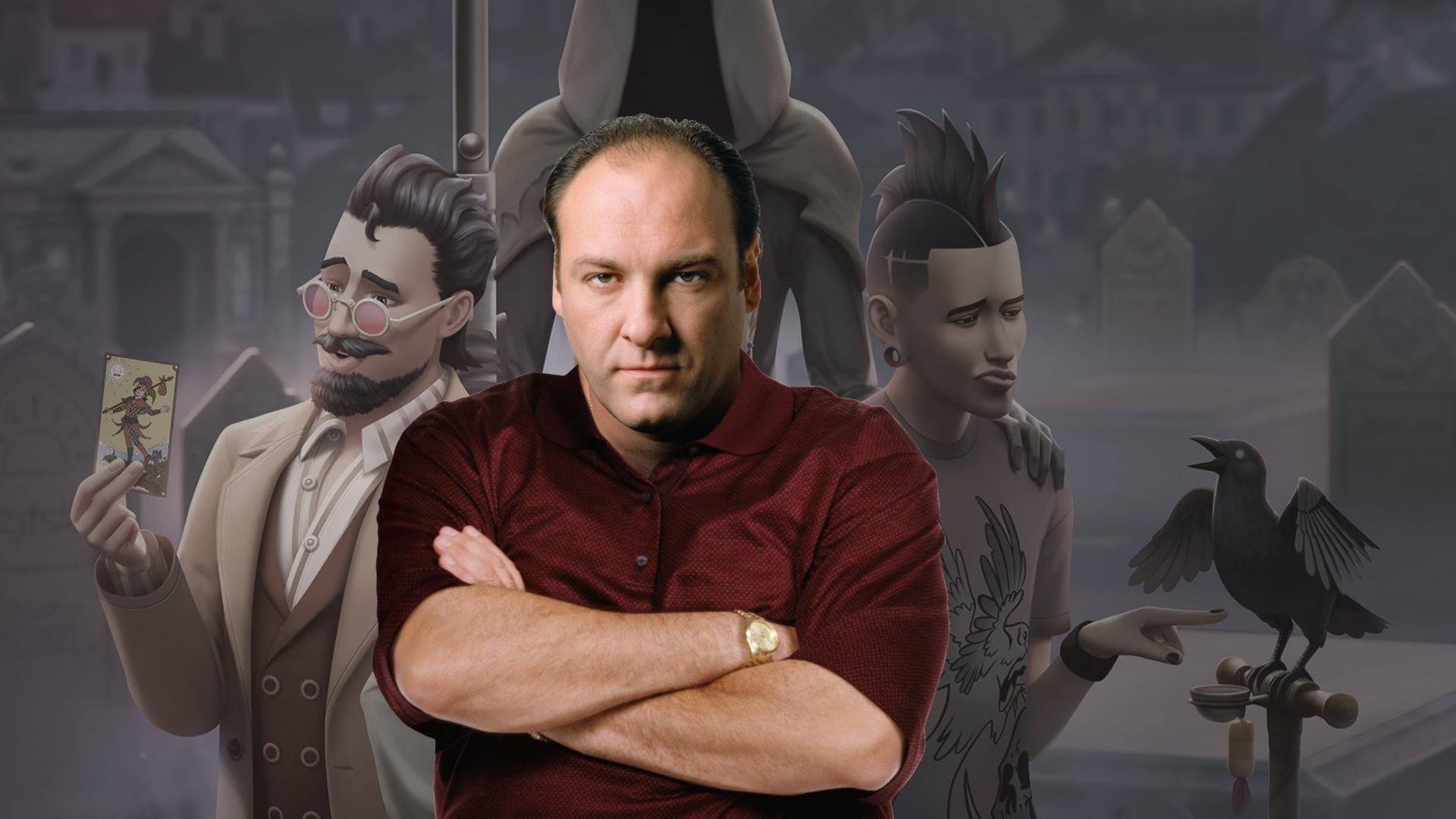Tony Soprano stands with his hands folded, over The Sims 4 Life & Death expansion. - 1