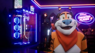 Tony the Tiger, in Vtuber form, presents his livestream. A milk-cooled PC is visible in the background.