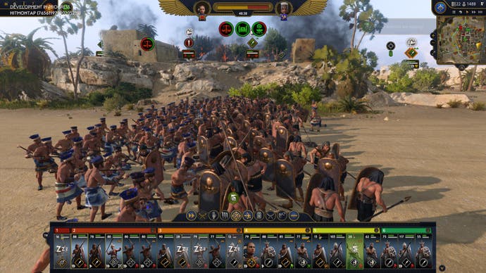 Total War Pharaoh preview - screenshot showing side-on view of two banks of spearmen attacking each other
