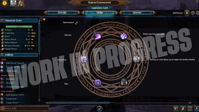 A work in progress menu for Total War: Warhammer 3's Kairos Fateweaver showing off new patch 6.1 spellcasting.