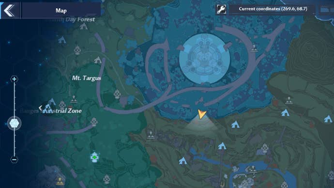 Tower of Fantasy screenshot showing the player arrow at the location of a robot named Brian. The coordinates for the location in the image are X = 270, Y = 69.