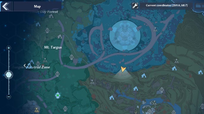 Tower of Fantasy screenshot showing the player arrow at the location of a robot named Brian. The coordinates for the location in the image are X = 270, Y = 69.