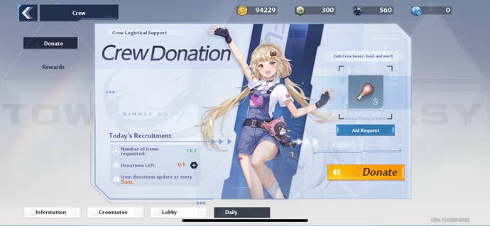 The Crew Donation menu in Tower of Fantasy