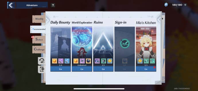 The Recommended missions menu featuring Daily Bounty and Mia's Kitchen in Tower of Fantasy