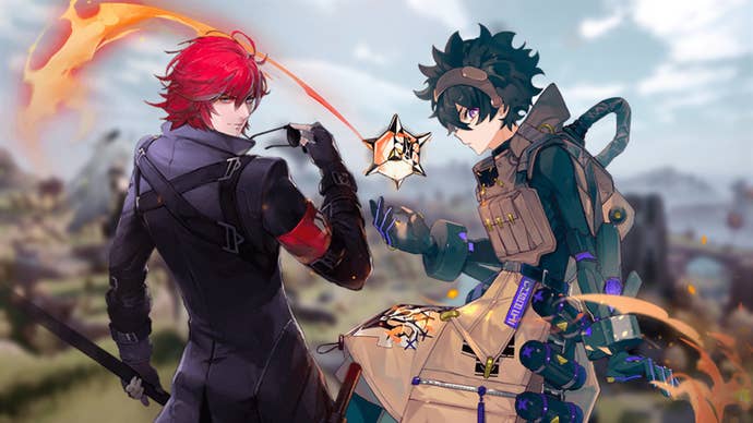 Image showing Cocoritter and King against a faded and blurred backdrop of a craggy grassland in Tower of Fantasy.