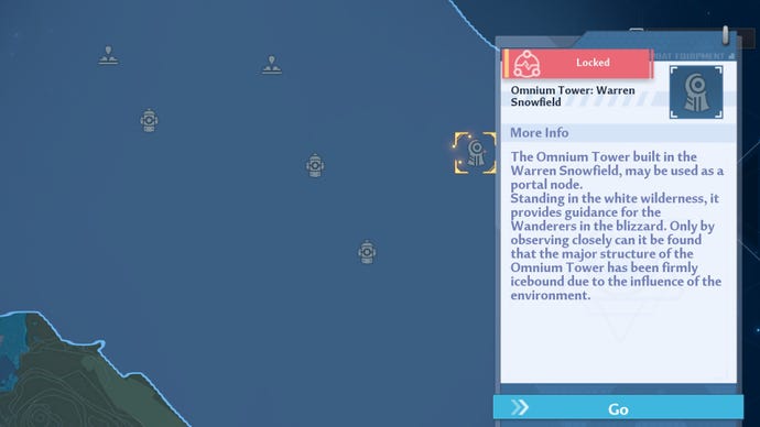 Tower of Fantasy screenshot showing the covered Warren Snowfields map, with the location of the Warren Omnium Tower marked by a gold box.