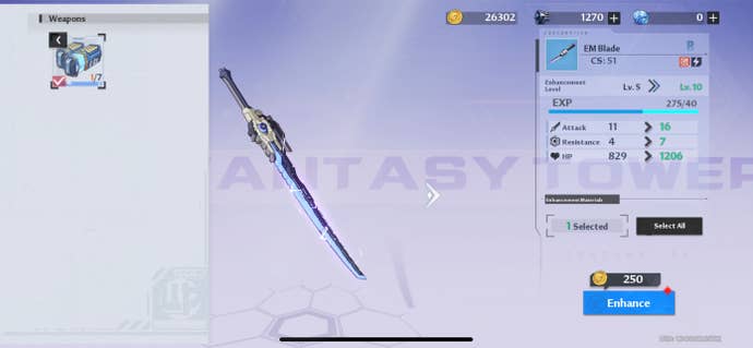The weapon enhancement menu for the EM Blade in Tower of Fantasy is shown.
