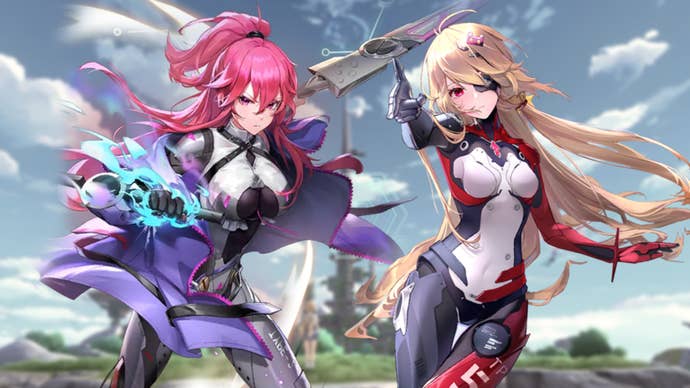 Tower of Fantasy image showing two event-exclusive characters in the forefront. Frigg is on the left and Nemesis is on the right. They are both pictured against a faded and blurred backdrop of a large tower beneath a cloudy blue sky.