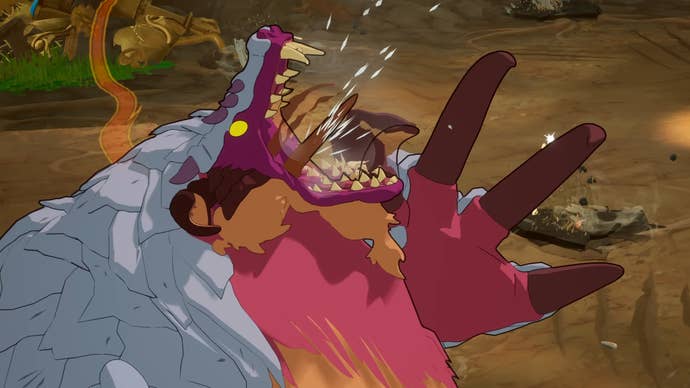 Screenshot of Towerborne trailer showing pink and grey beast with huge jaws roaring