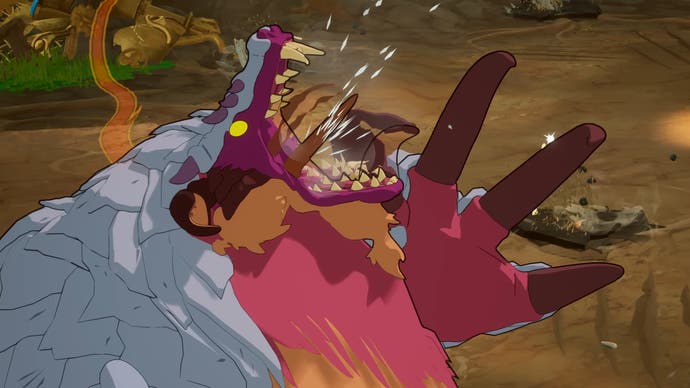 Screenshot of Towerborne trailer showing pink and grey beast with huge jaws roaring