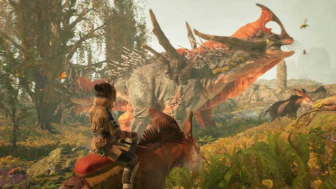 Towers of Aghasba screenshot shows the player riding a small animal, while a larger beast roars in the background.