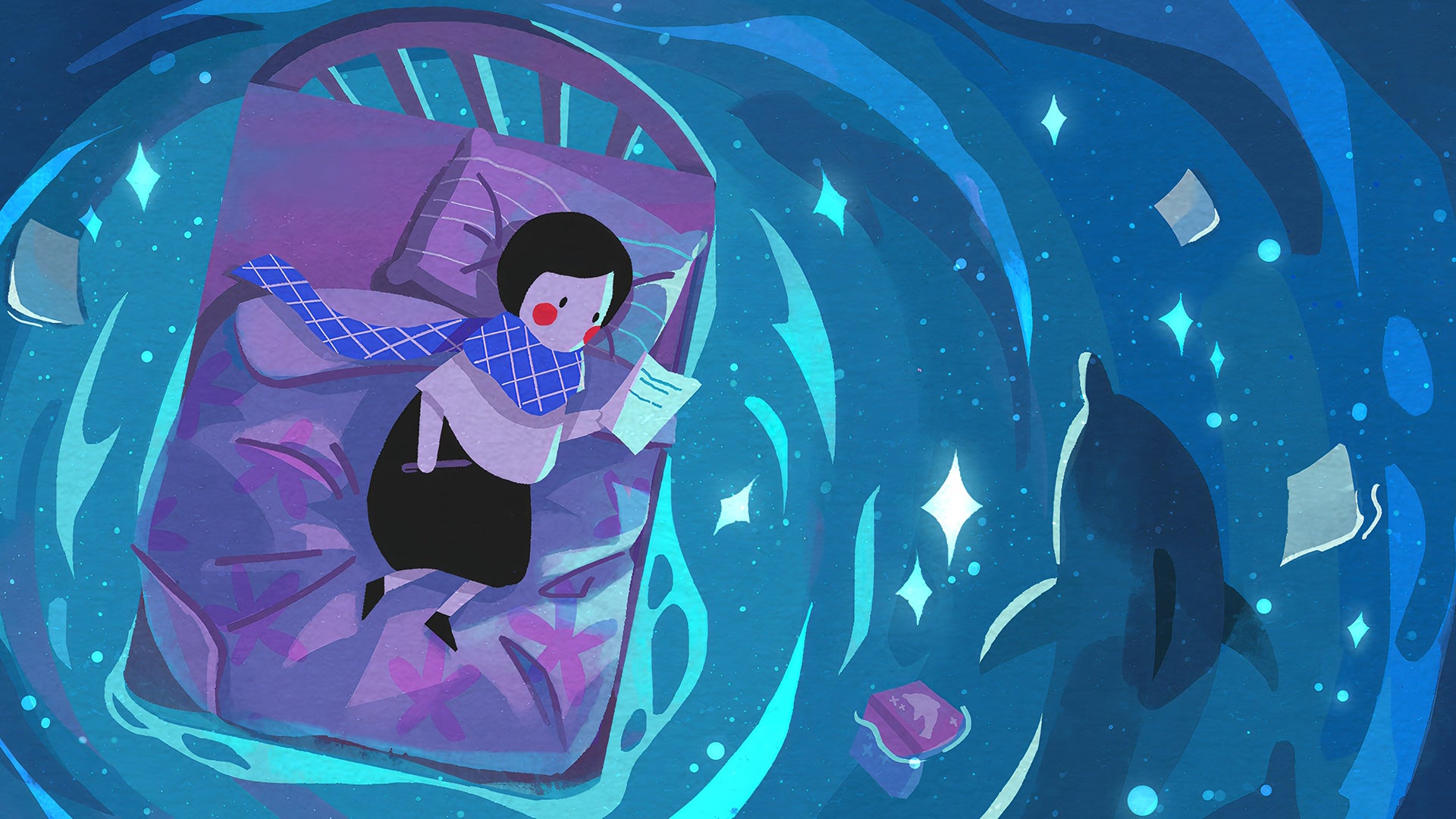 Paige from Paper Trail sitting on a floating bed with magical swirls around her, and a dolphin to her right.