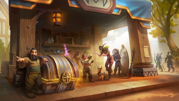 A World of Warcraft image of the trading post. A dwarf at one side stands with his hand on a slightly open treasure chest filled with gold