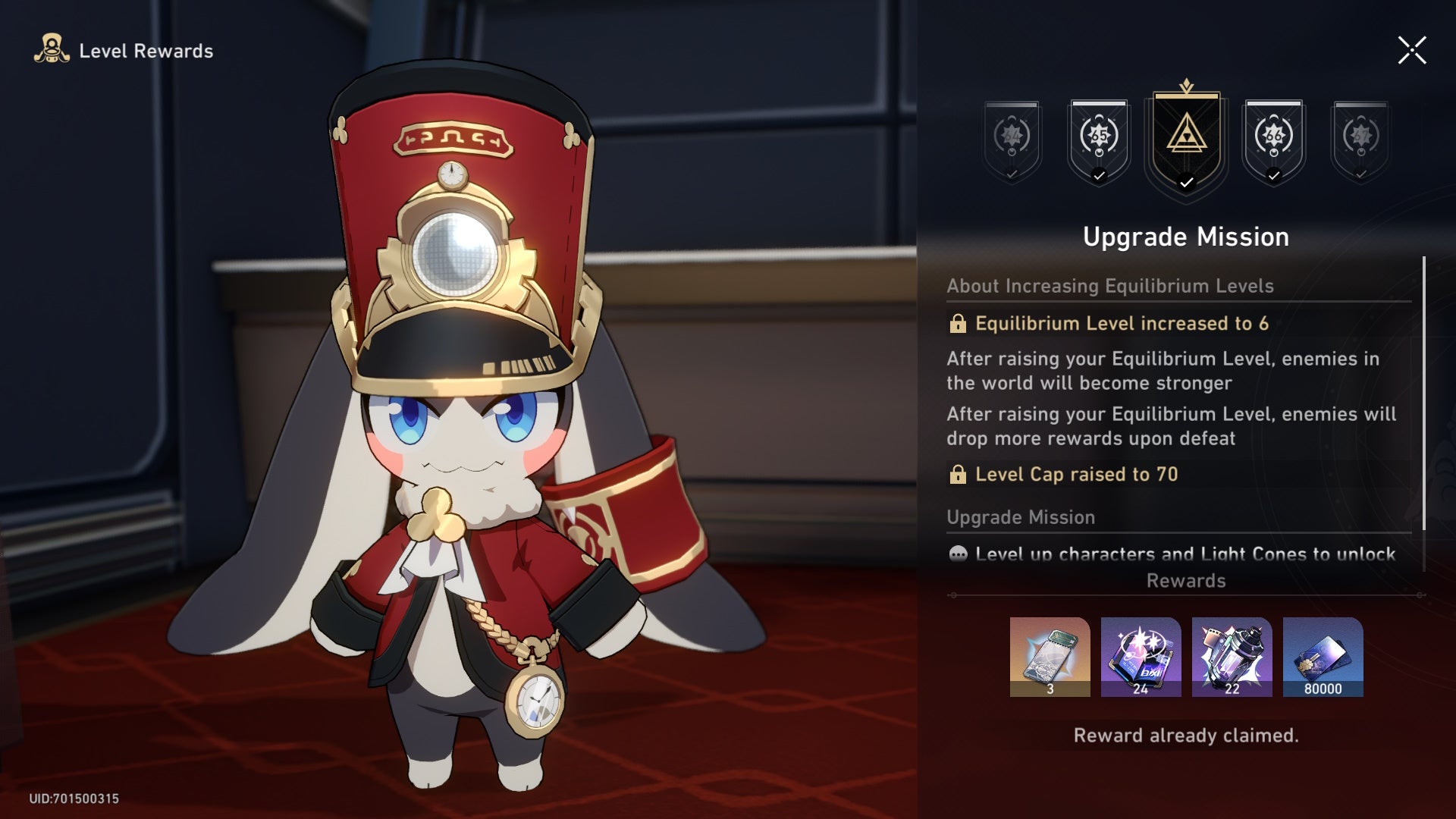 menu of trailblaze rank rewards and equilibirum upgrade details to the right, and pom pom to the left, who is a rabbit looking creature in a red conductor&rsquo;s uniform