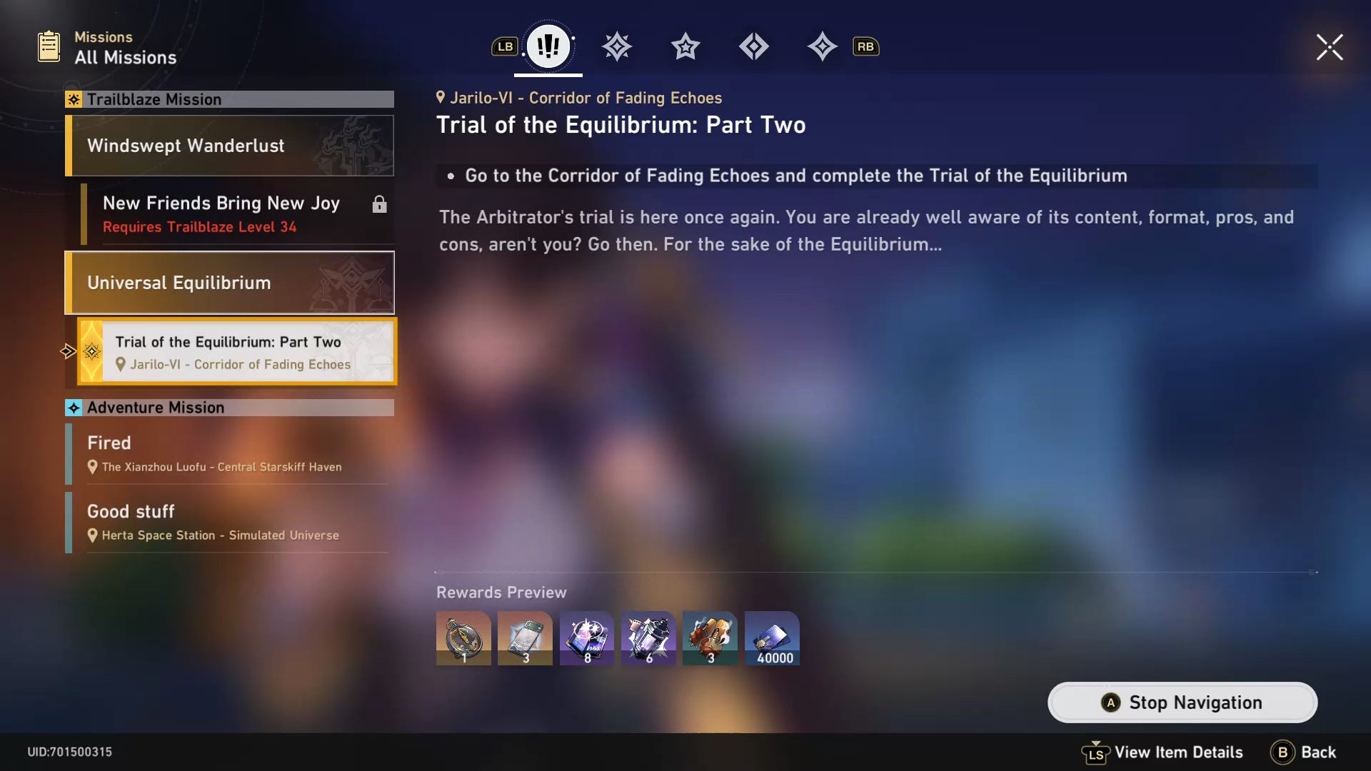 menu of a trial of equilibrium mission description