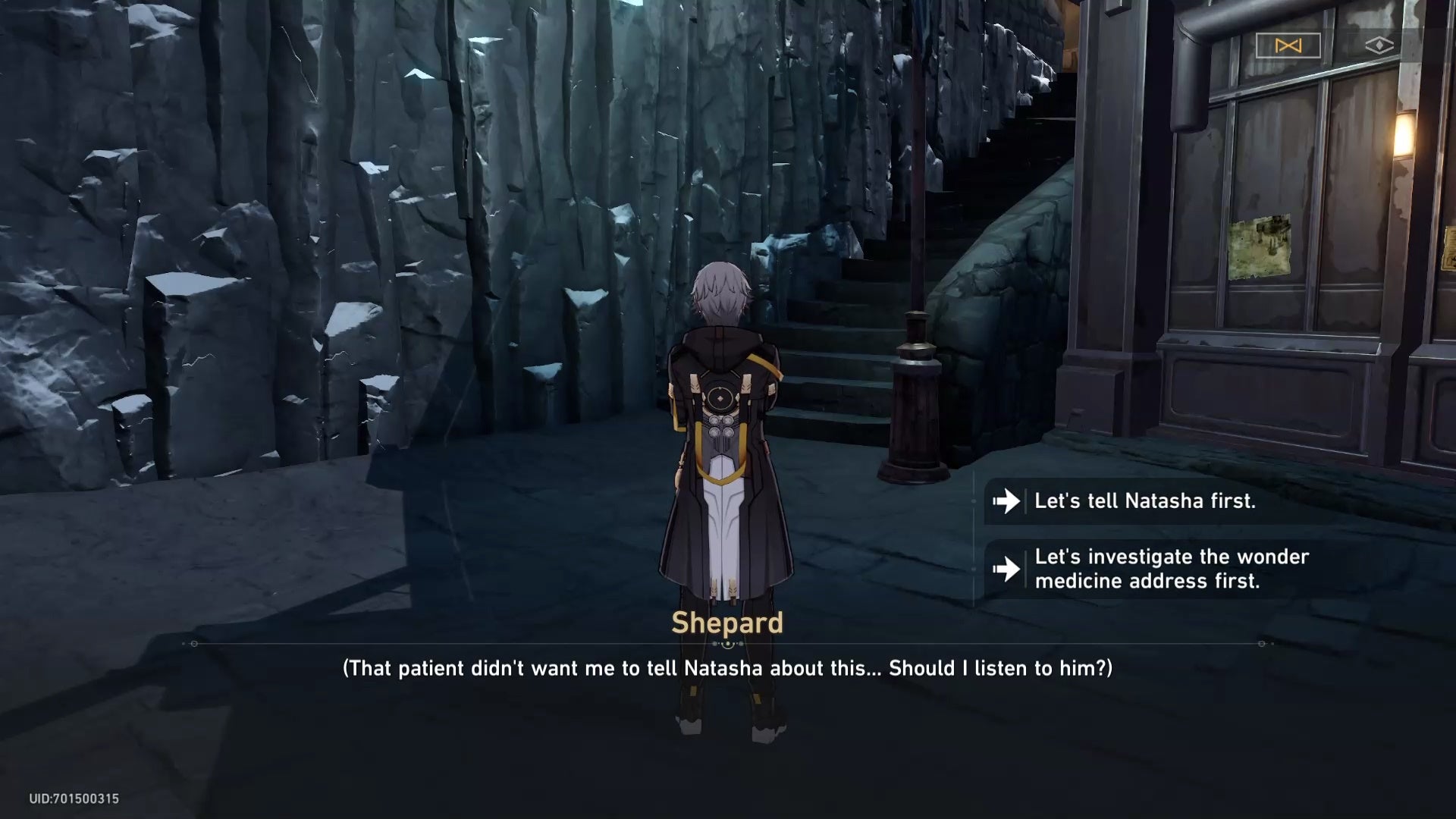 the male trailblazer making a decision to talk to natasha first or not, in the underground area of the planet jarilo six