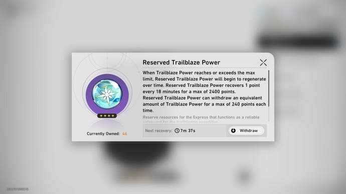 menu showing the description of reserved trailblaze power with a picture of the greenish power in a purple circle to the left