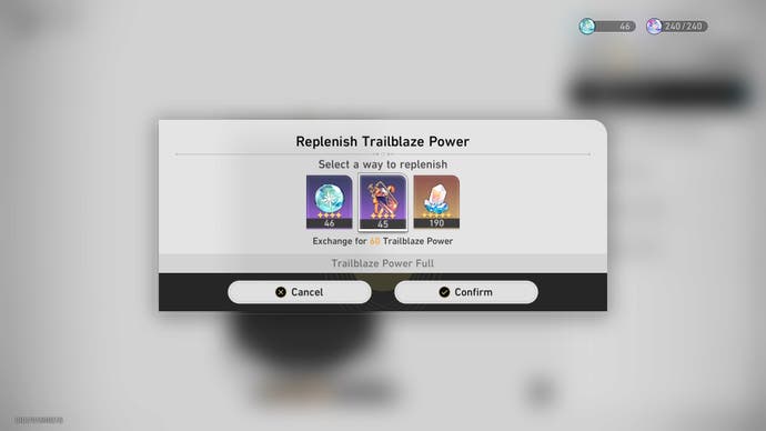 menu showing how to replenish trailblaze power that includes pictures of reserved trailblaze power, fuel, and stellar jade