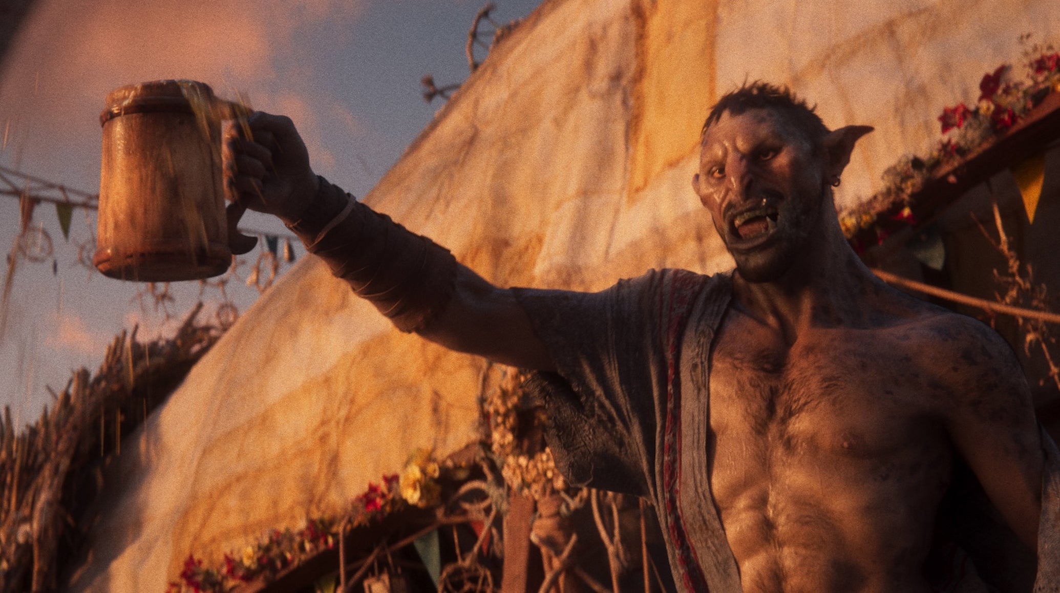 An Orc waving a flagon of ale in a trailer for Divinity. - 1