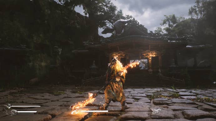 Wukong transformed into one of his foes, wielding a fiery polarm.