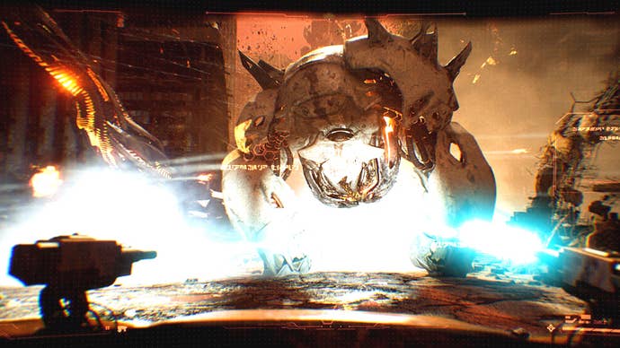 A Transformers: Reactivate screenshot showing an enormous robot lumbering through a decimated city street while mounted laser weapons open fire on it from numerous directions.