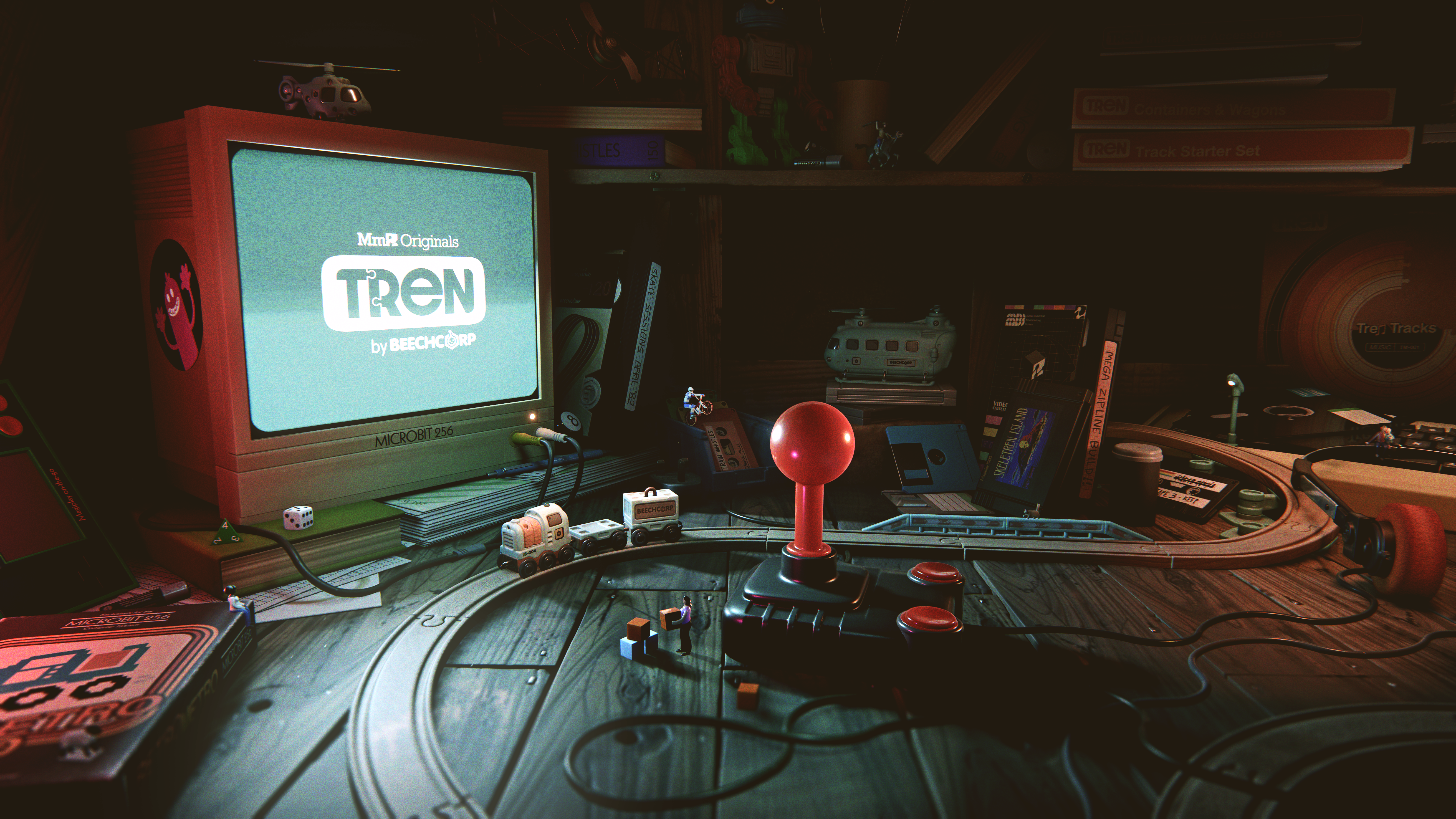 Tren&rsquo;s intro screen - Tren sets off on a track into darkness.