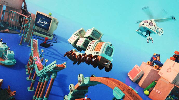 Tren, a small toy train, makes a leap from one bit of a toy track to another as boxes, toys and other fun items decorate the background.