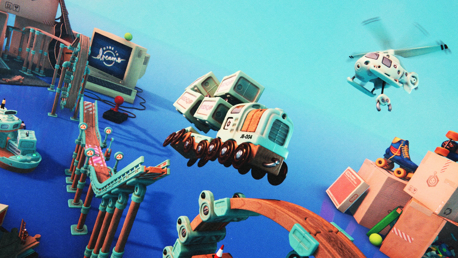 Tren, a small toy train, makes a leap from one bit of a toy track to another as boxes, toys and other fun items decorate the background. - 1