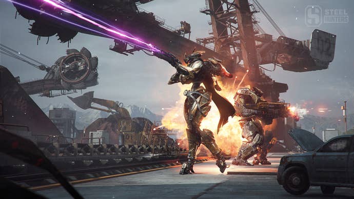 Two robot people back to back firing weapons under a big rock digger in Steel Hunters