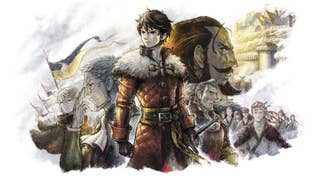 Triangle Strategy key art depicting collage of hand-drawn fantasy characters
