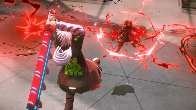 Main character using a baseball bat to hit an enemy with a red glow around them in Tribe Nine.