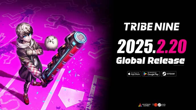 Global reelease date of 20th February 2025 shown for Tribe Nine on pink-coloured key art.
