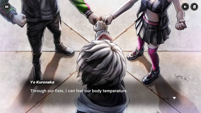 The core trio of childhood friends fist bump.