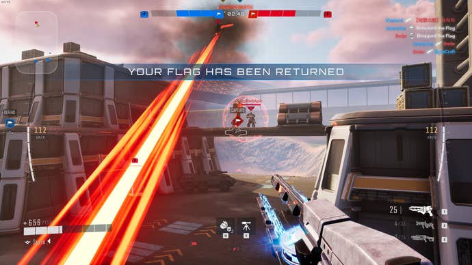 Approaching a well-defended enemy base in Tribes 3: Rivals.